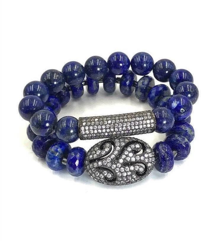 Blue Lapis Stretch Gemstone Beaded Bracelets Set of 2