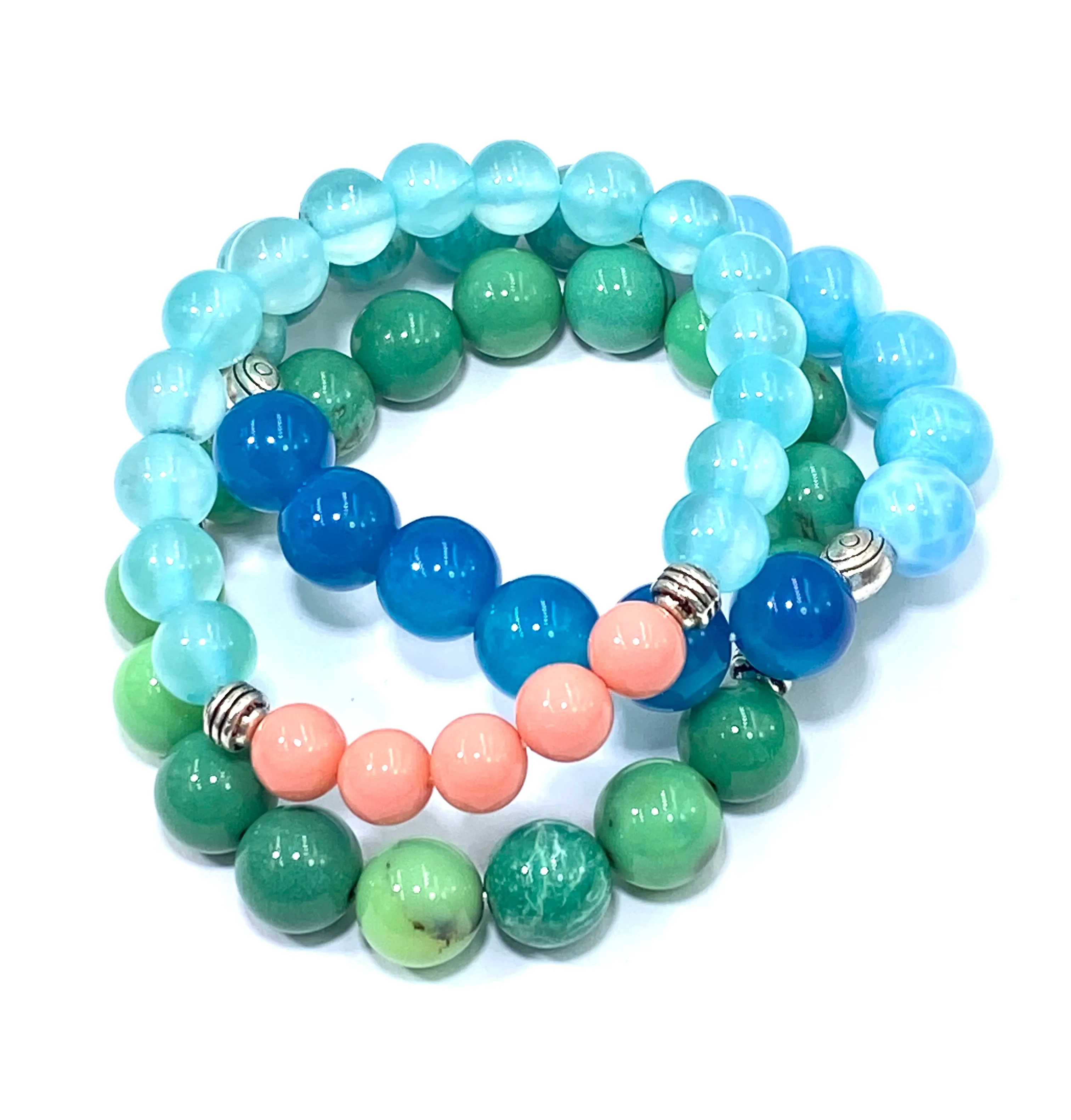 Boho Bracelet Stack Set of 3 Gemstone Coral, Aqua, Green, Blue, Silver
