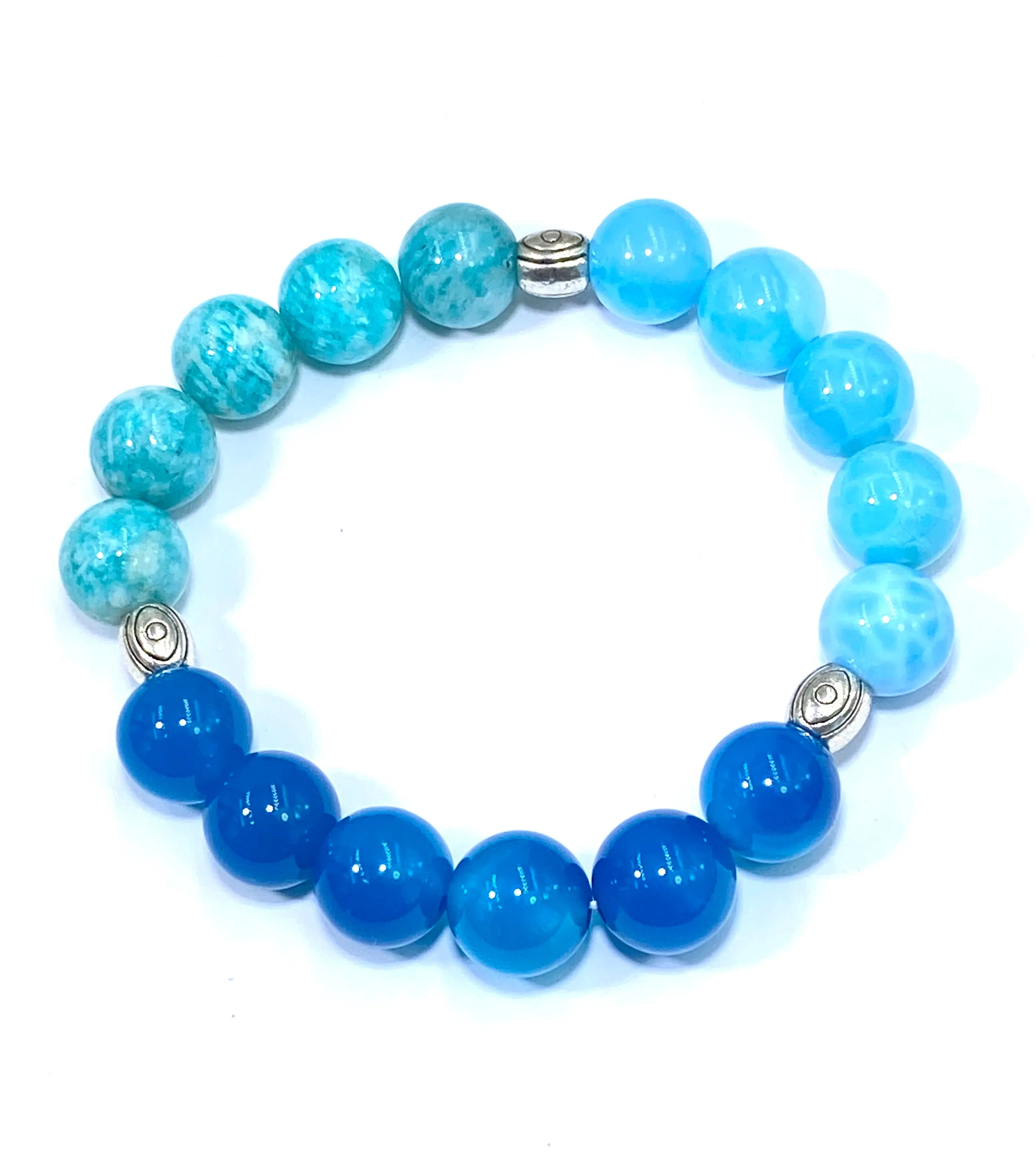 Boho Bracelet Stack Set of 3 Gemstone Coral, Aqua, Green, Blue, Silver