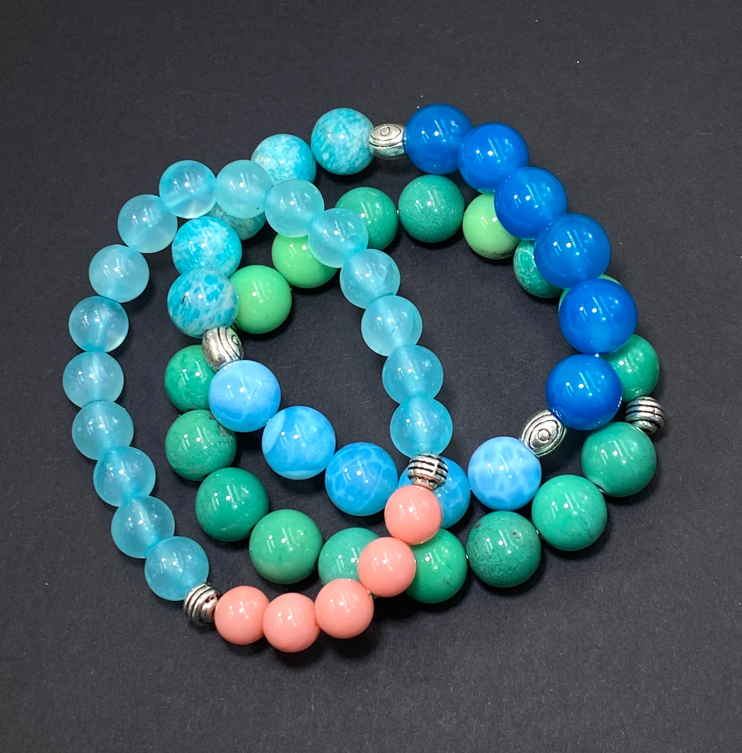 Boho Bracelet Stack Set of 3 Gemstone Coral, Aqua, Green, Blue, Silver