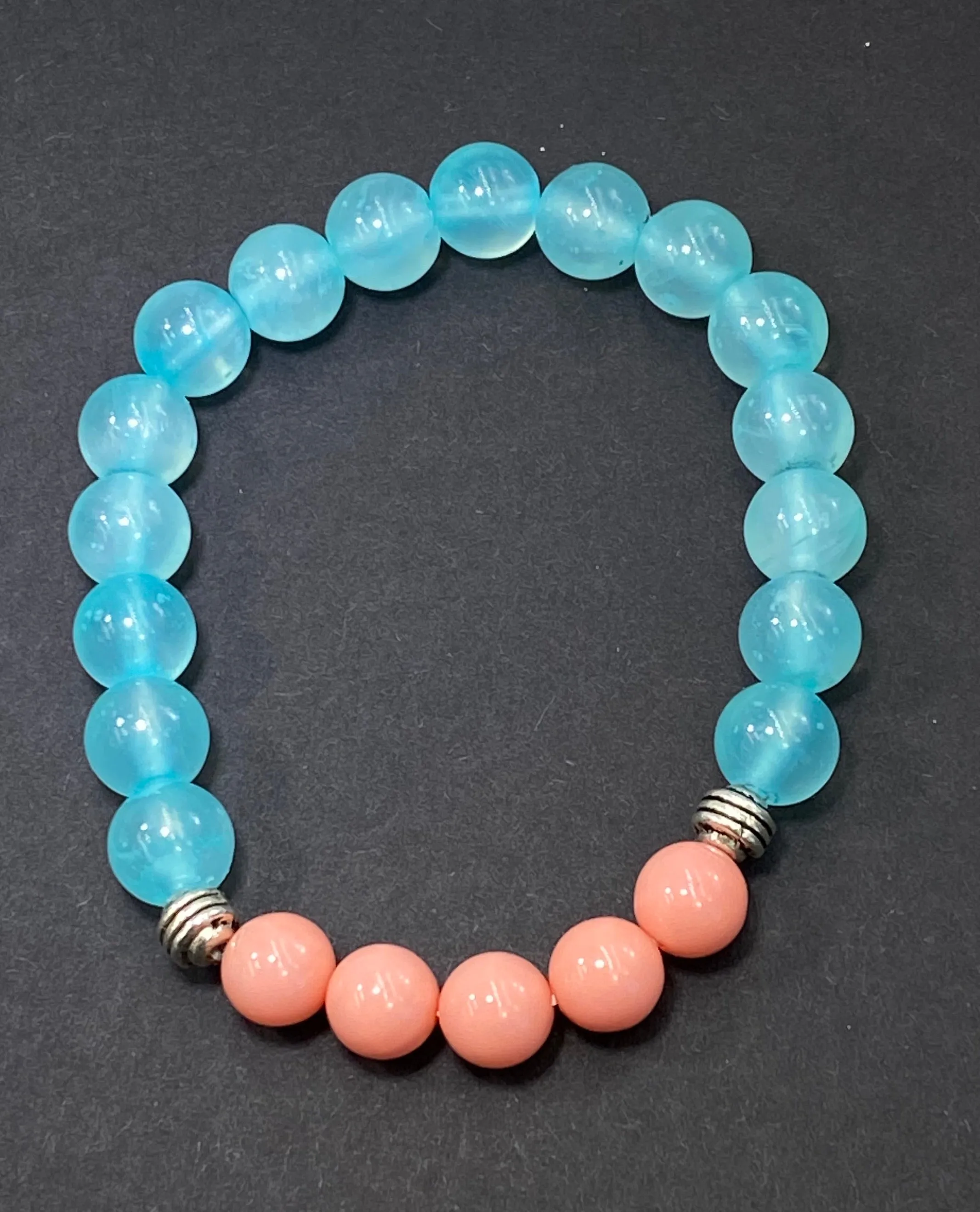 Boho Bracelet Stack Set of 3 Gemstone Coral, Aqua, Green, Blue, Silver