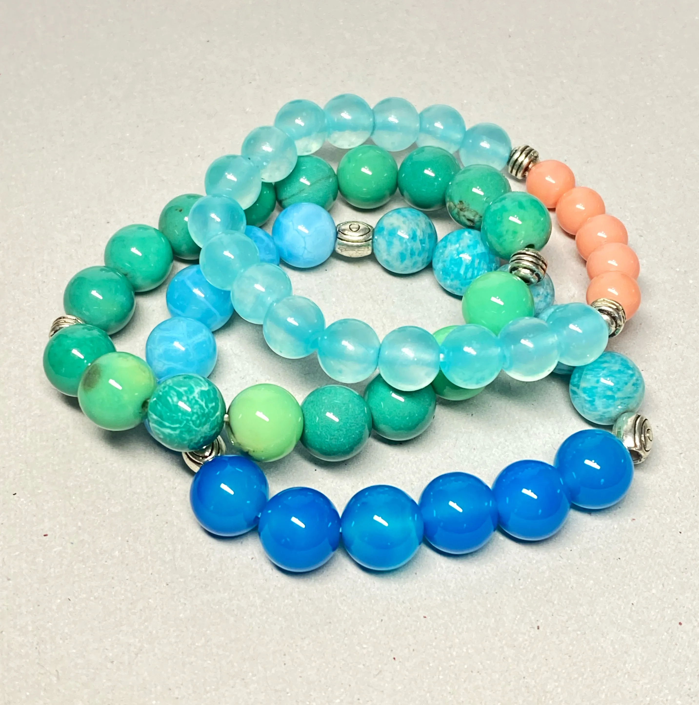 Boho Bracelet Stack Set of 3 Gemstone Coral, Aqua, Green, Blue, Silver