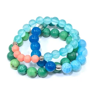 Boho Bracelet Stack Set of 3 Gemstone Coral, Aqua, Green, Blue, Silver