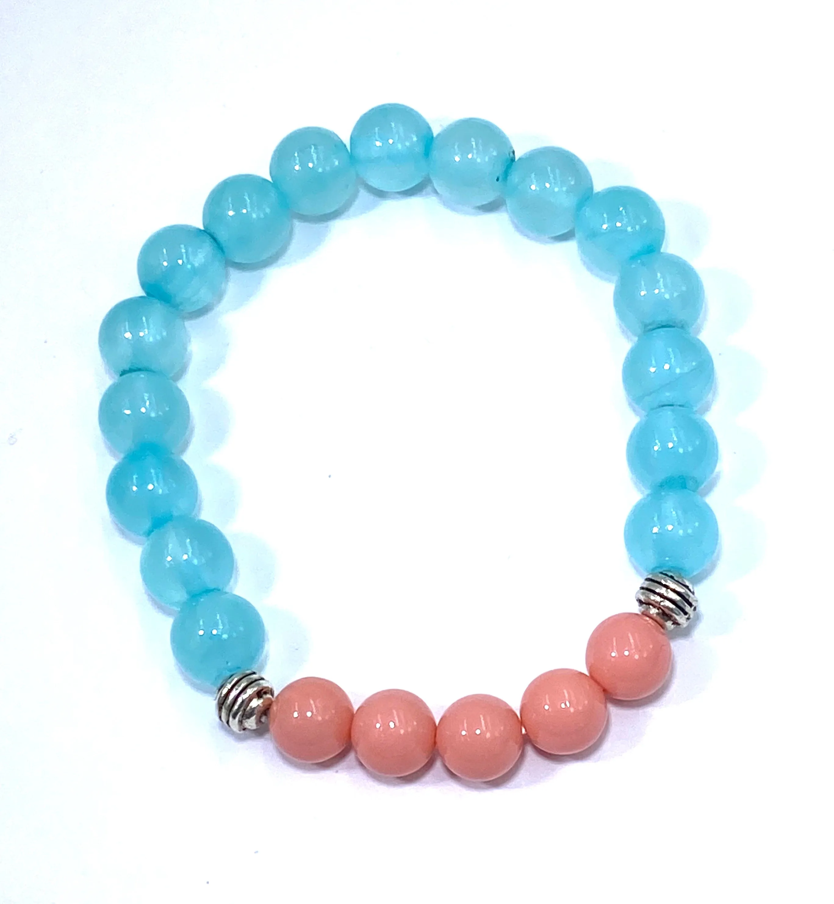 Boho Bracelet Stack Set of 3 Gemstone Coral, Aqua, Green, Blue, Silver