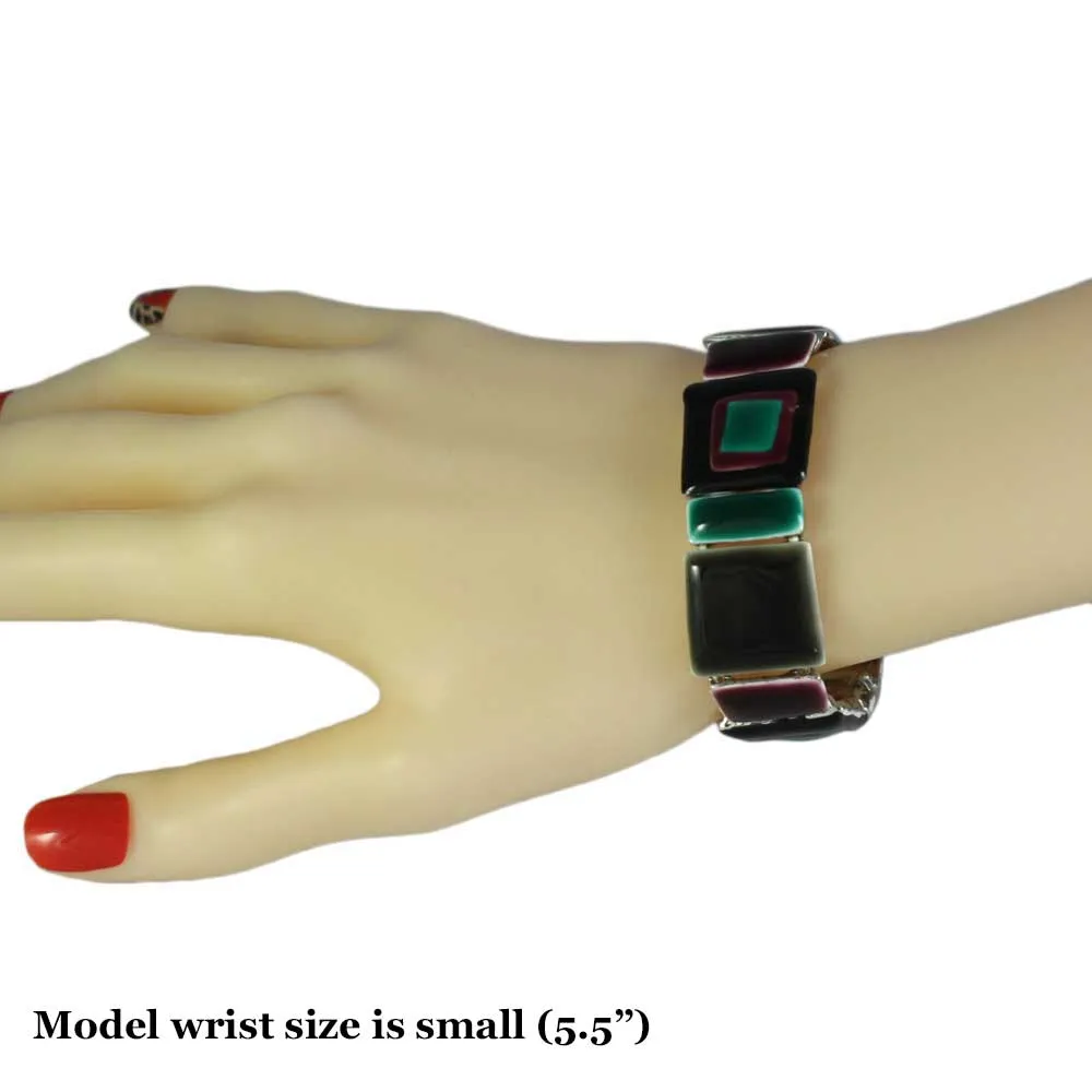 Brown Teal and Mulberry Enamel Squares Stretch Bracelet - BT322