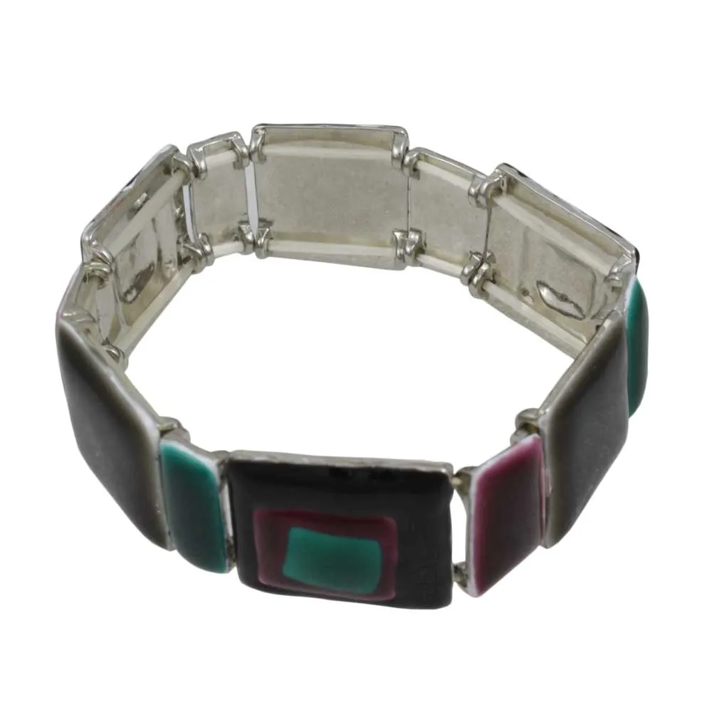 Brown Teal and Mulberry Enamel Squares Stretch Bracelet - BT322