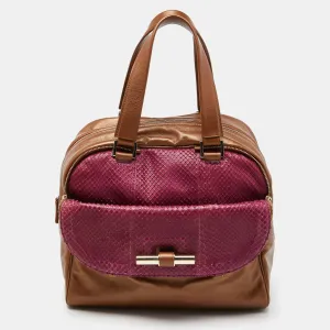 Brown/Magenta Leather and Watersnake Leather Justine Satchel