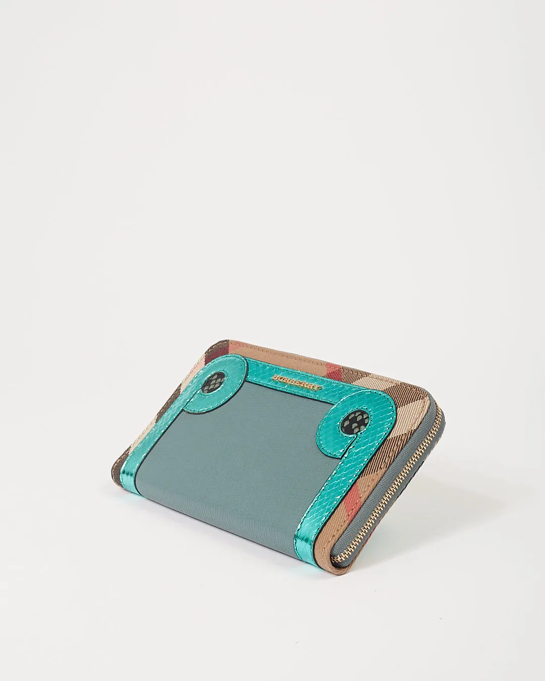Burberry Celadon Blue Leather/ Python Skin Detail House Check Large Zippy Wallet