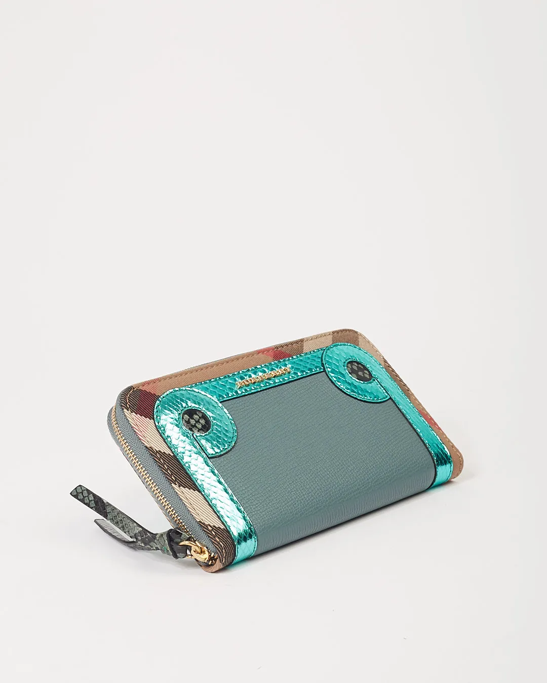 Burberry Celadon Blue Leather/ Python Skin Detail House Check Large Zippy Wallet
