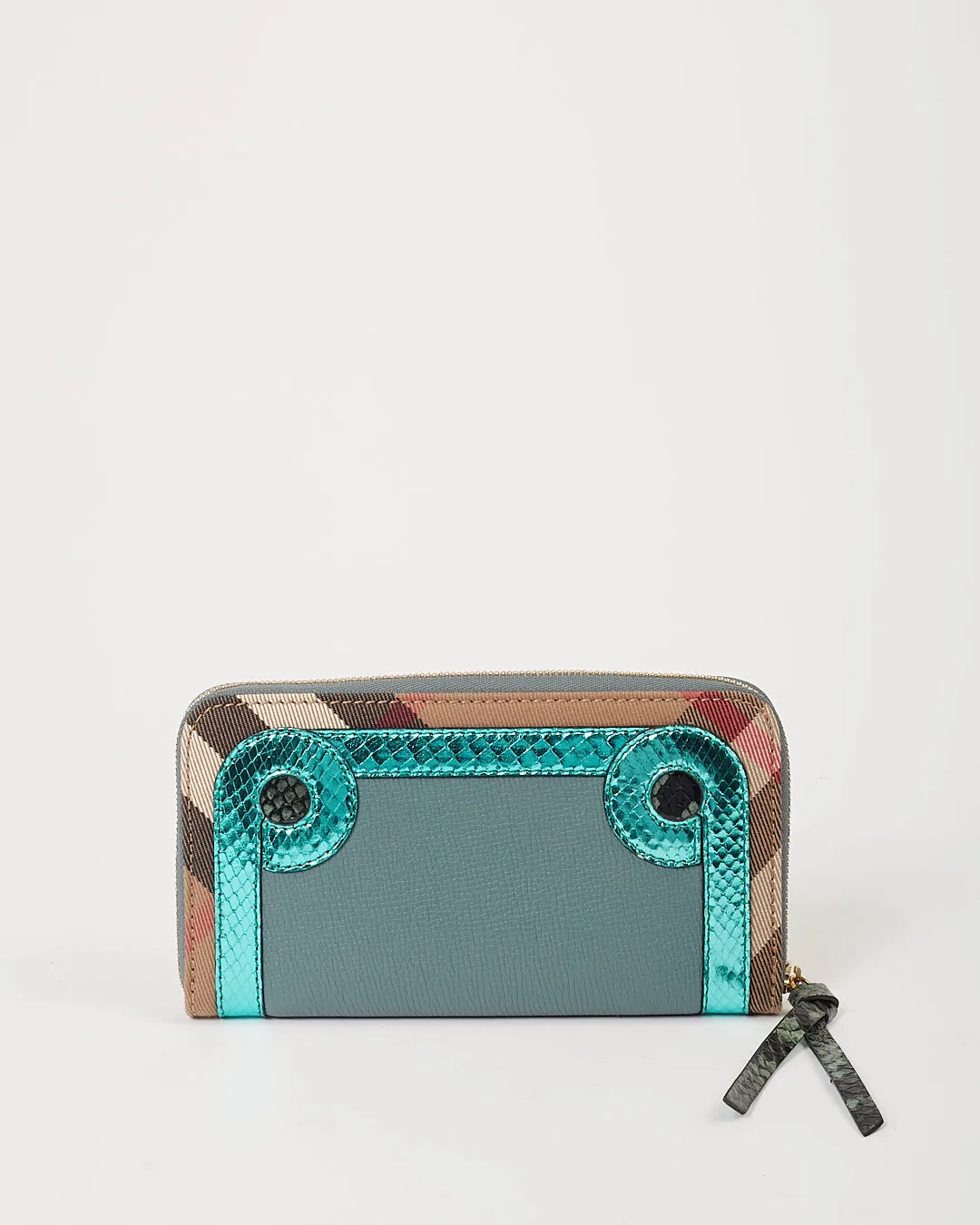 Burberry Celadon Blue Leather/ Python Skin Detail House Check Large Zippy Wallet