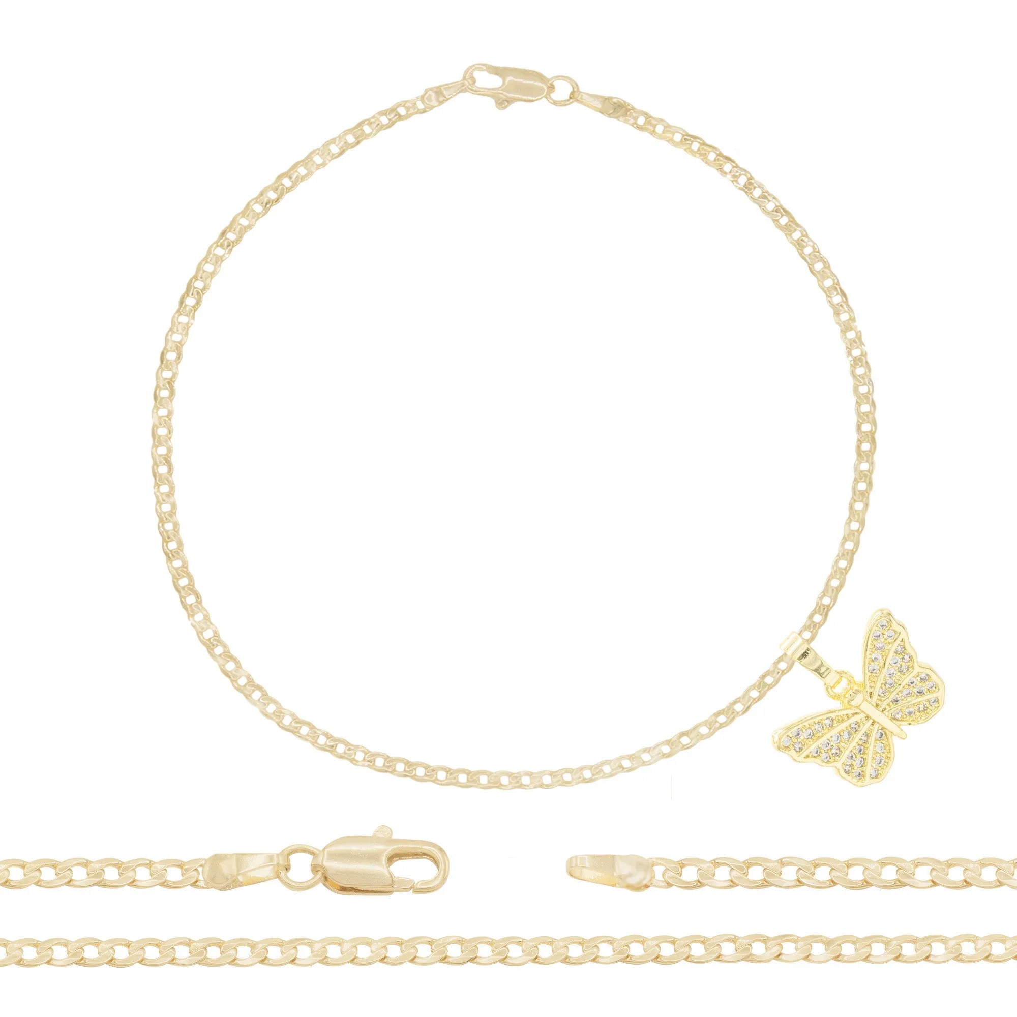 Butterfly CZ Pendant 14K Anklet Gold Filled Cubic Zirconia 10" Women