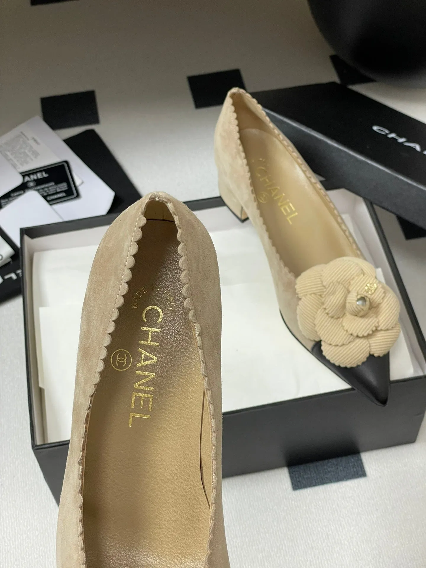 CC 25C Classic Camellia Pointed High Heels Flat 15mm Beige Suede 247608