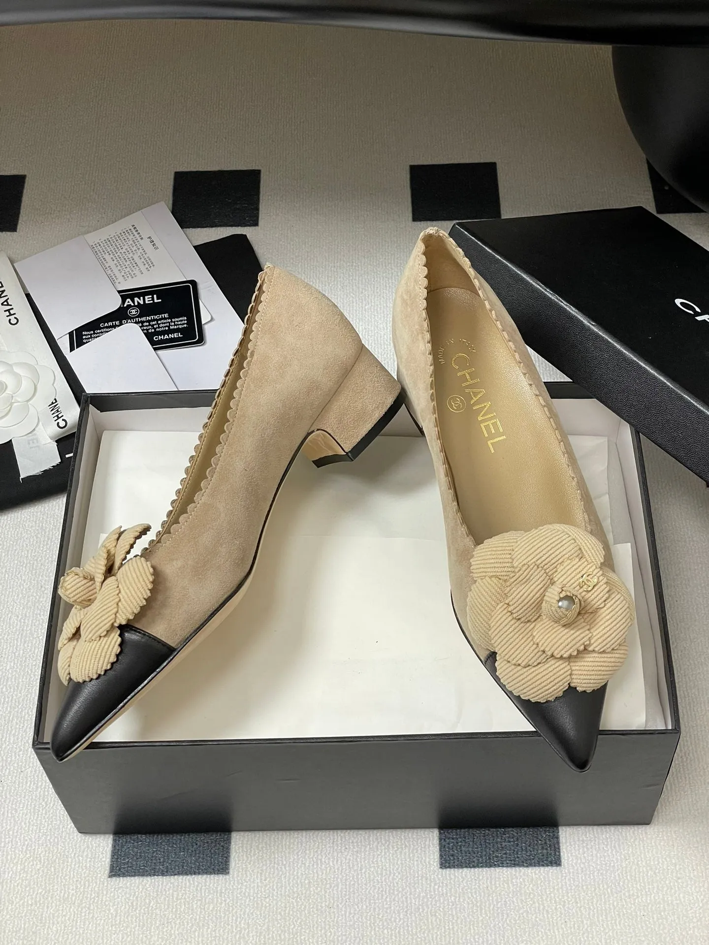 CC 25C Classic Camellia Pointed High Heels Flat 15mm Beige Suede 247608