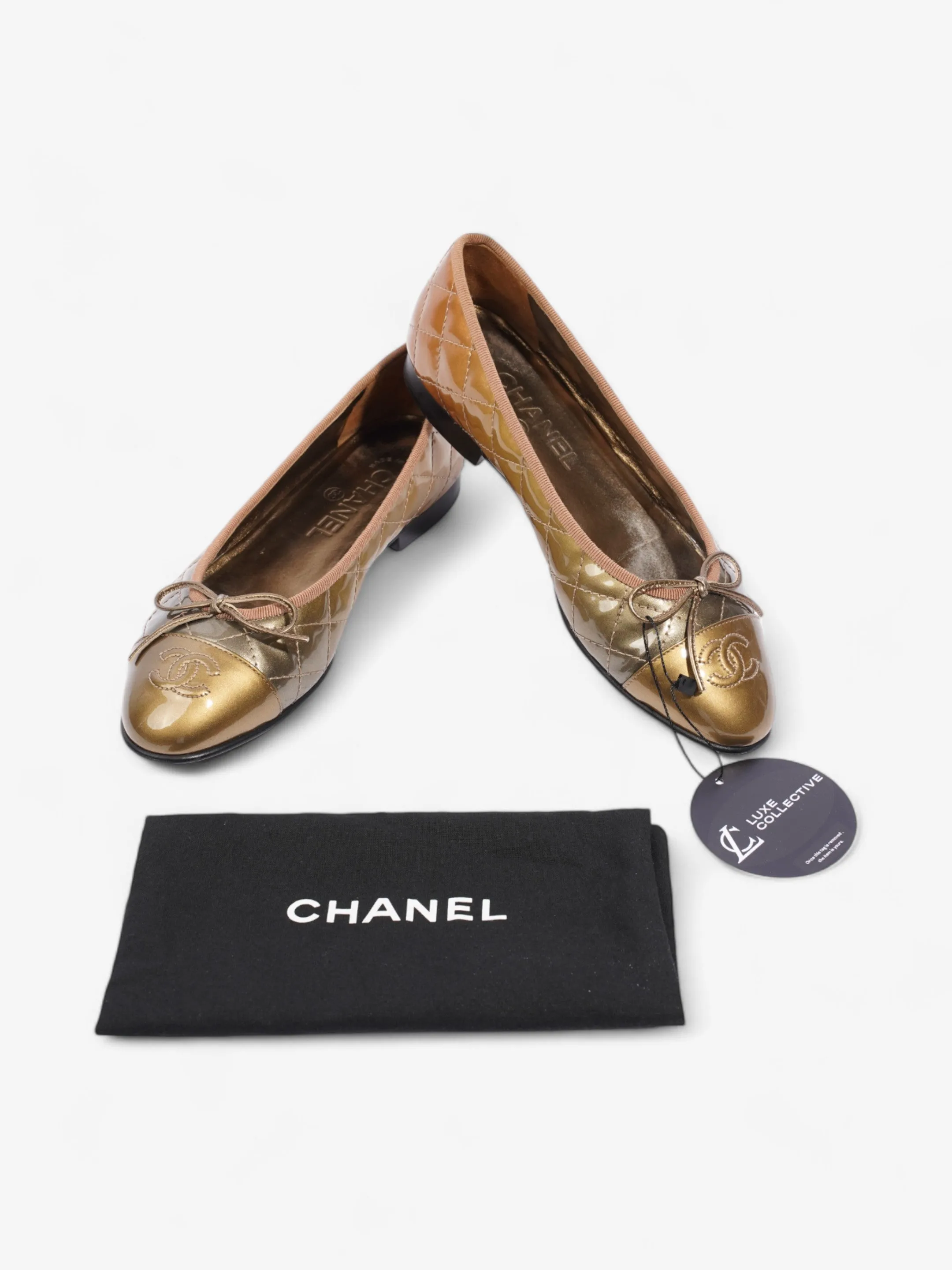 Chanel CC Logo Ballet Flats Gold Ombre Patent Leather EU 37 UK 4