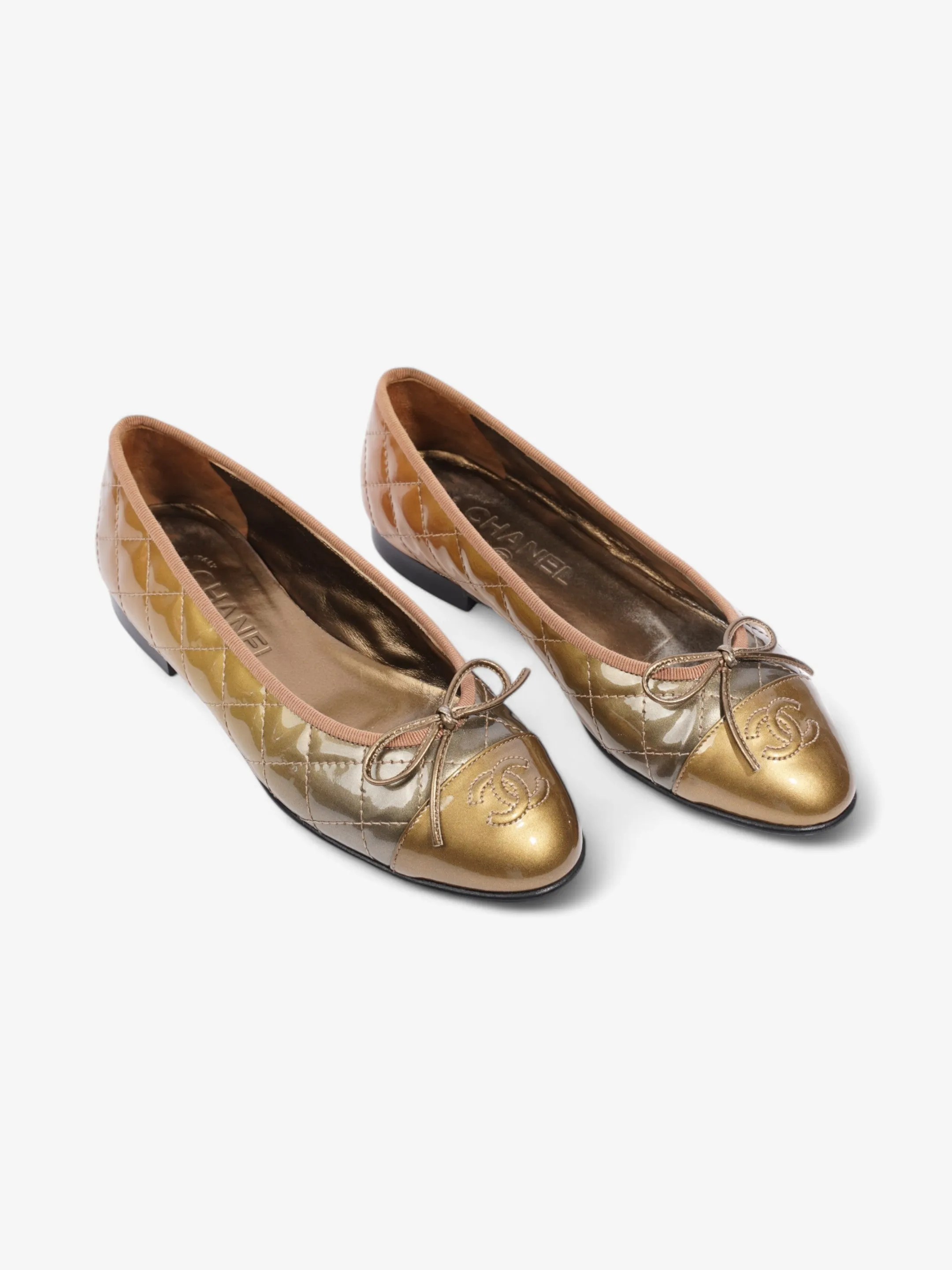 Chanel CC Logo Ballet Flats Gold Ombre Patent Leather EU 37 UK 4