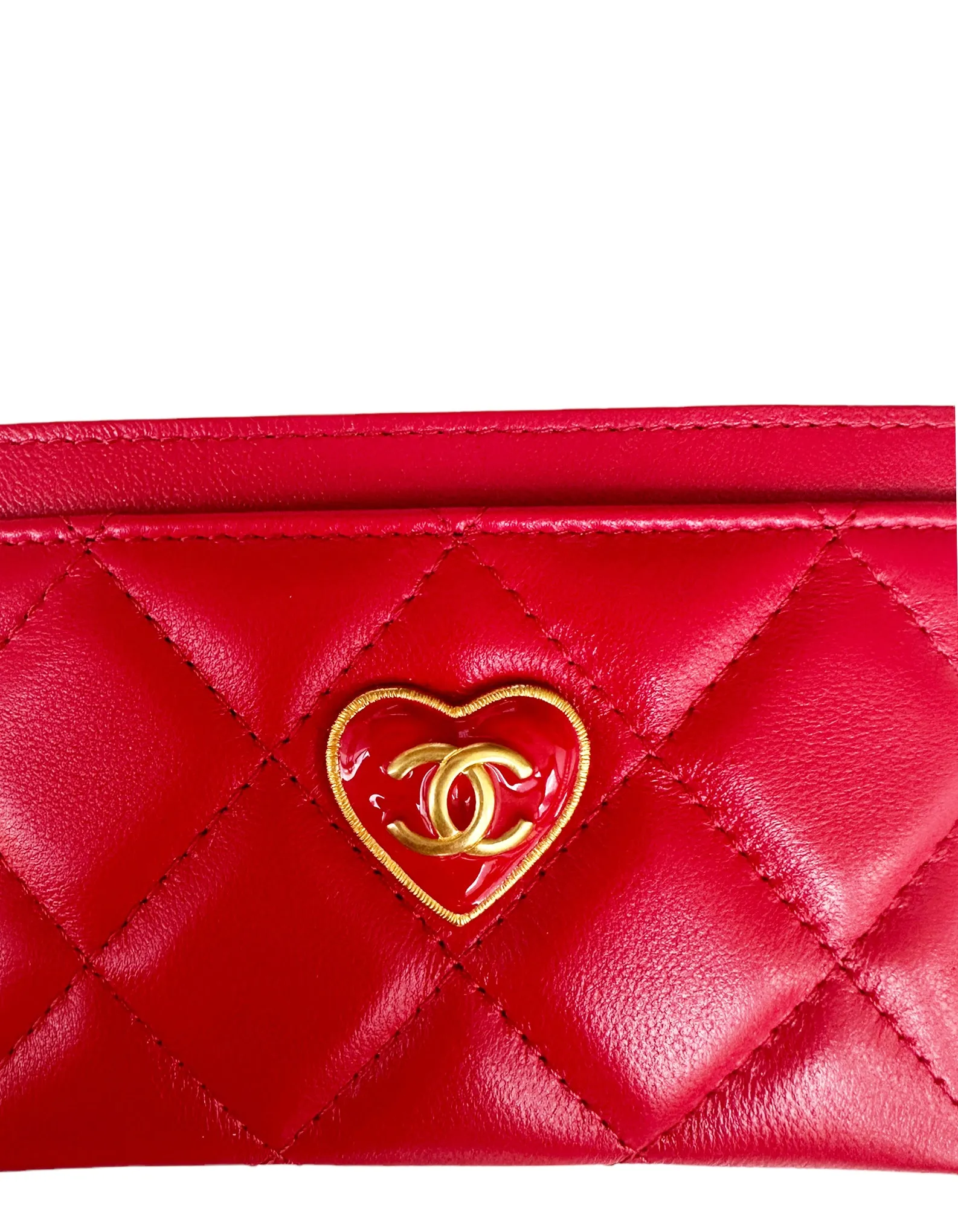 Chanel NEW 2023 Red Lambskin Quilted Resin CC Heart Card Holder