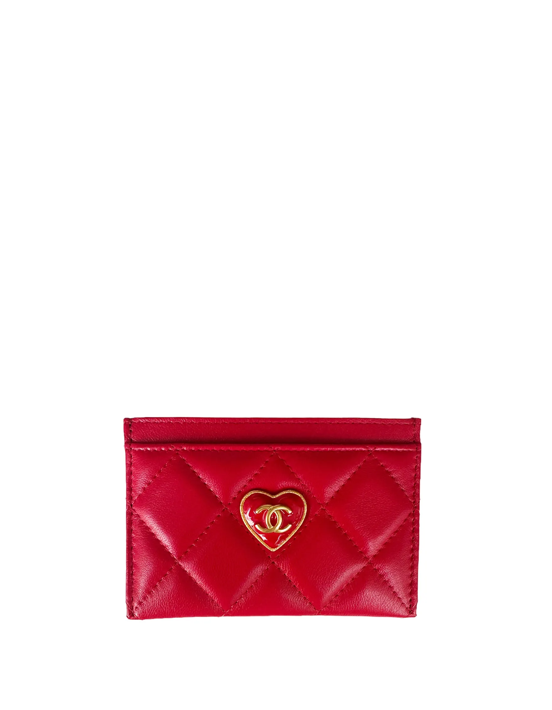 Chanel NEW 2023 Red Lambskin Quilted Resin CC Heart Card Holder