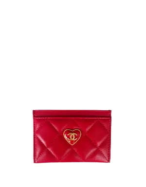 Chanel NEW 2023 Red Lambskin Quilted Resin CC Heart Card Holder