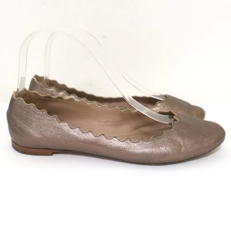 Chloe Lauren Ballet Flats Gold Metallic Scalloped Leather Size 37.5