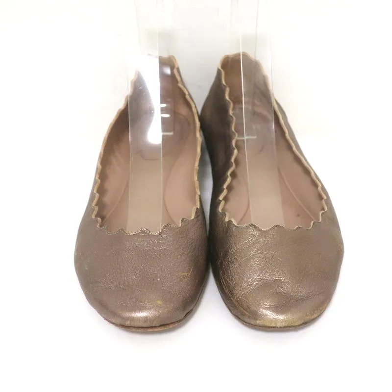Chloe Lauren Ballet Flats Gold Metallic Scalloped Leather Size 37.5
