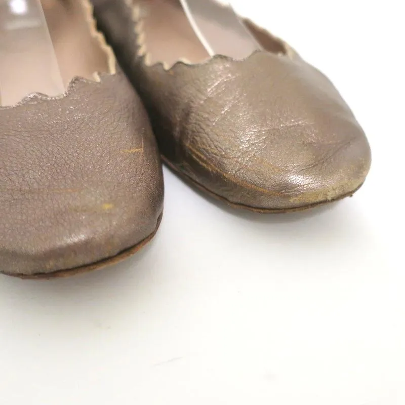 Chloe Lauren Ballet Flats Gold Metallic Scalloped Leather Size 37.5