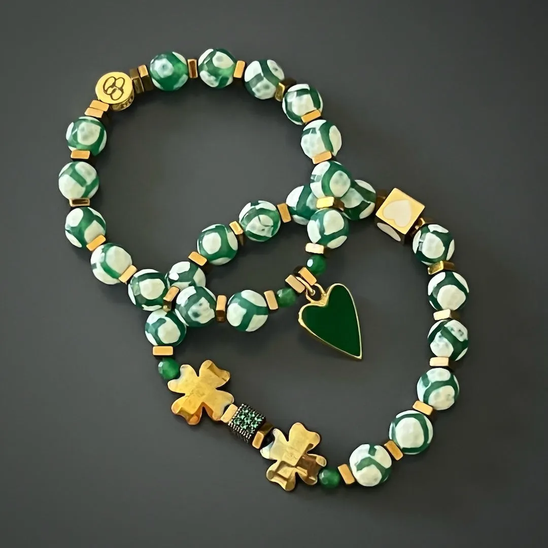 Clover Leaf Green Heart Beaded Bracelet Set