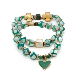 Clover Leaf Green Heart Beaded Bracelet Set