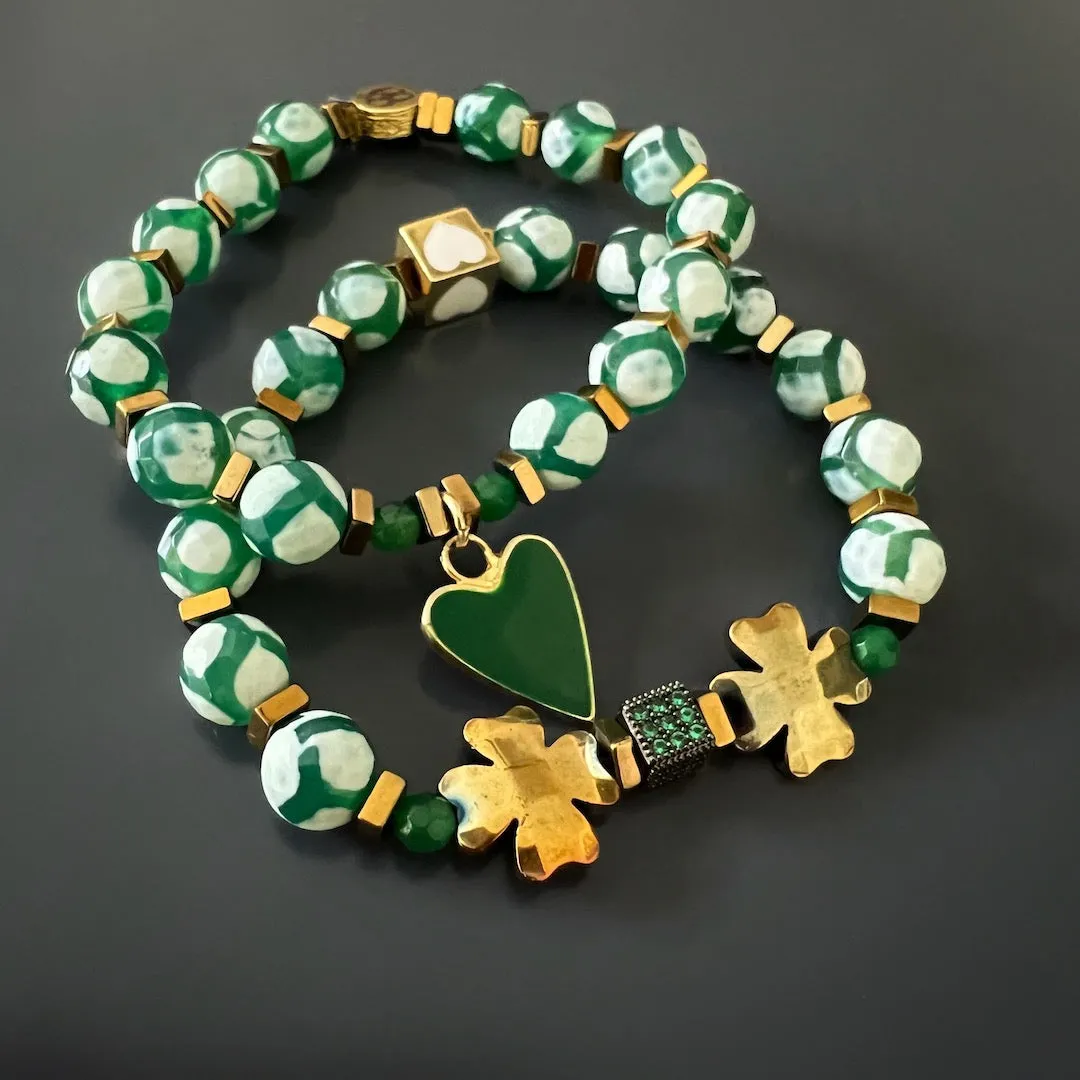 Clover Leaf Green Heart Beaded Bracelet Set