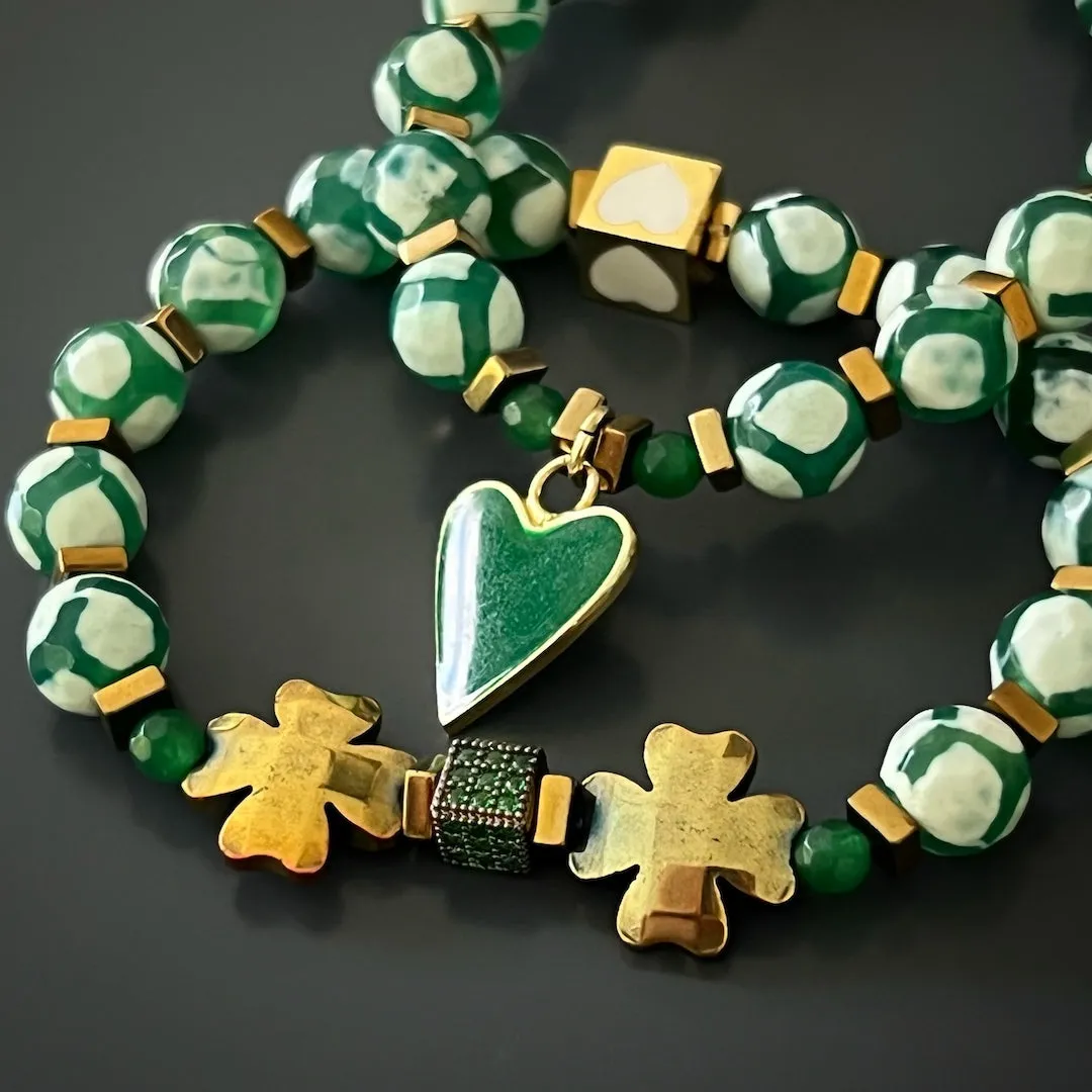 Clover Leaf Green Heart Beaded Bracelet Set