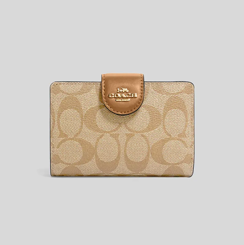 Coach Medium Corner Zip Wallet In Signature Canvas Light Khaki Saddle RS-C0082