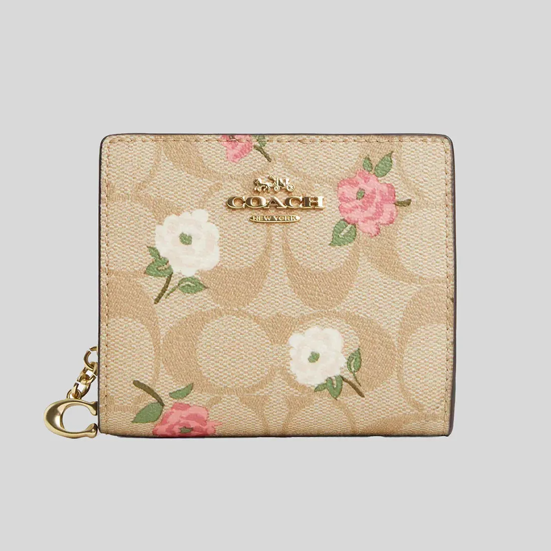 COACH Snap Wallet In Signature Canvas With Floral Print Khaki Chalk Multi RS-CR969