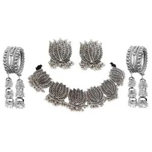 Combo of Silver Lotus Jewelry Set and Bangle Bracelets