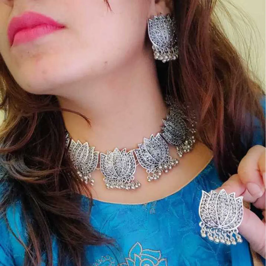 Combo of Silver Lotus Jewelry Set and Bangle Bracelets