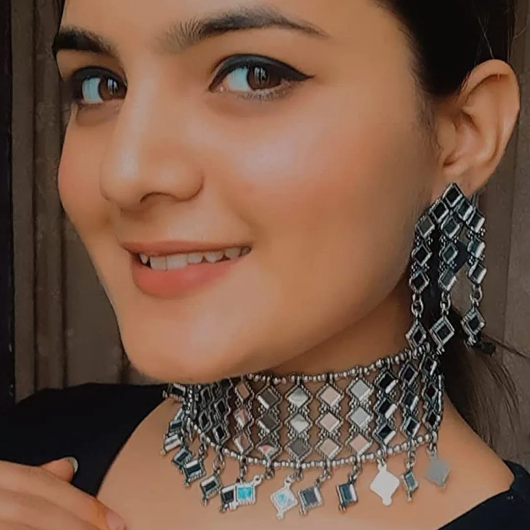 Combo of Silver Mirror Jewelry Set and Bangle Bracelets