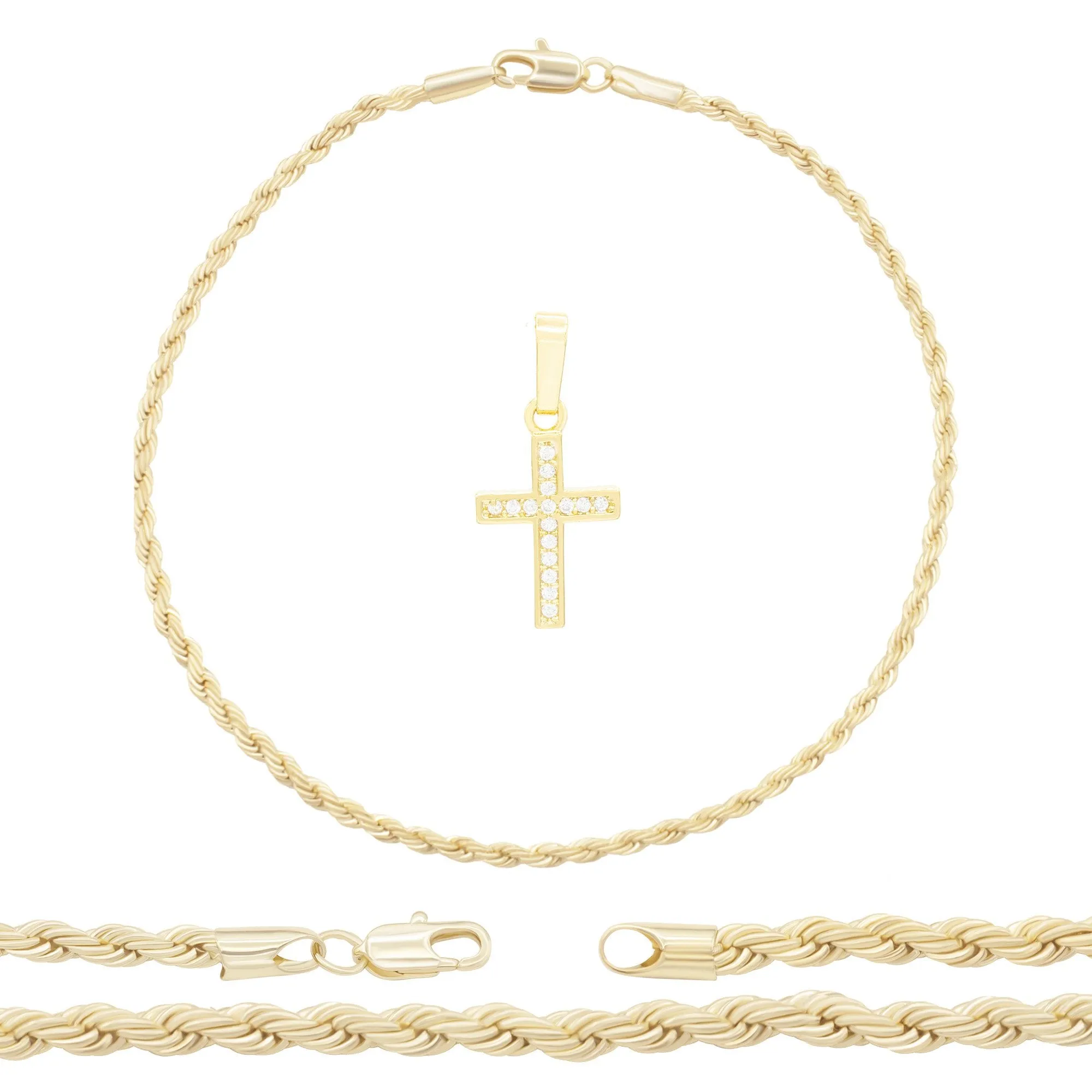 Cross Pendant 14K Anklet Gold Filled Cubic Zirconia Charm Rope Chain Set 10" Women Jewelry