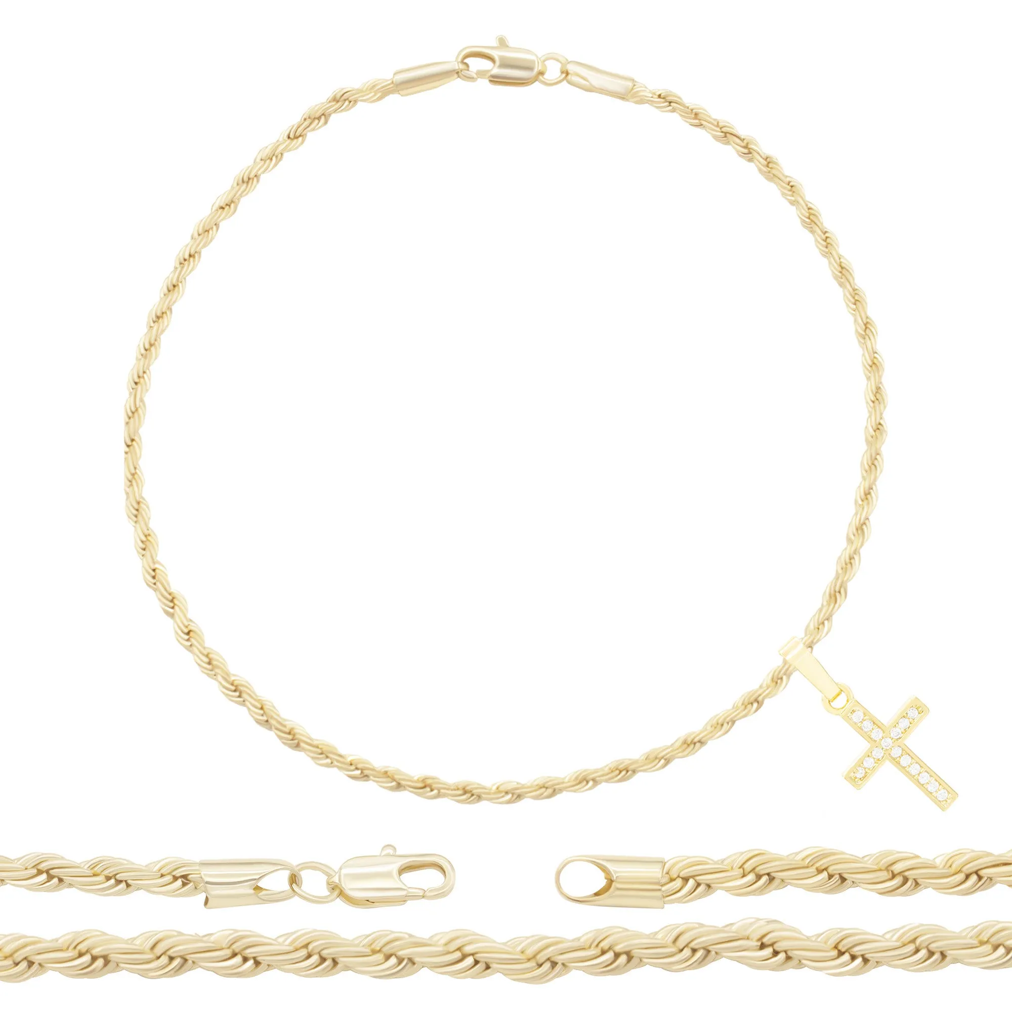 Cross Pendant 14K Anklet Gold Filled Cubic Zirconia Charm Rope Chain Set 10" Women Jewelry