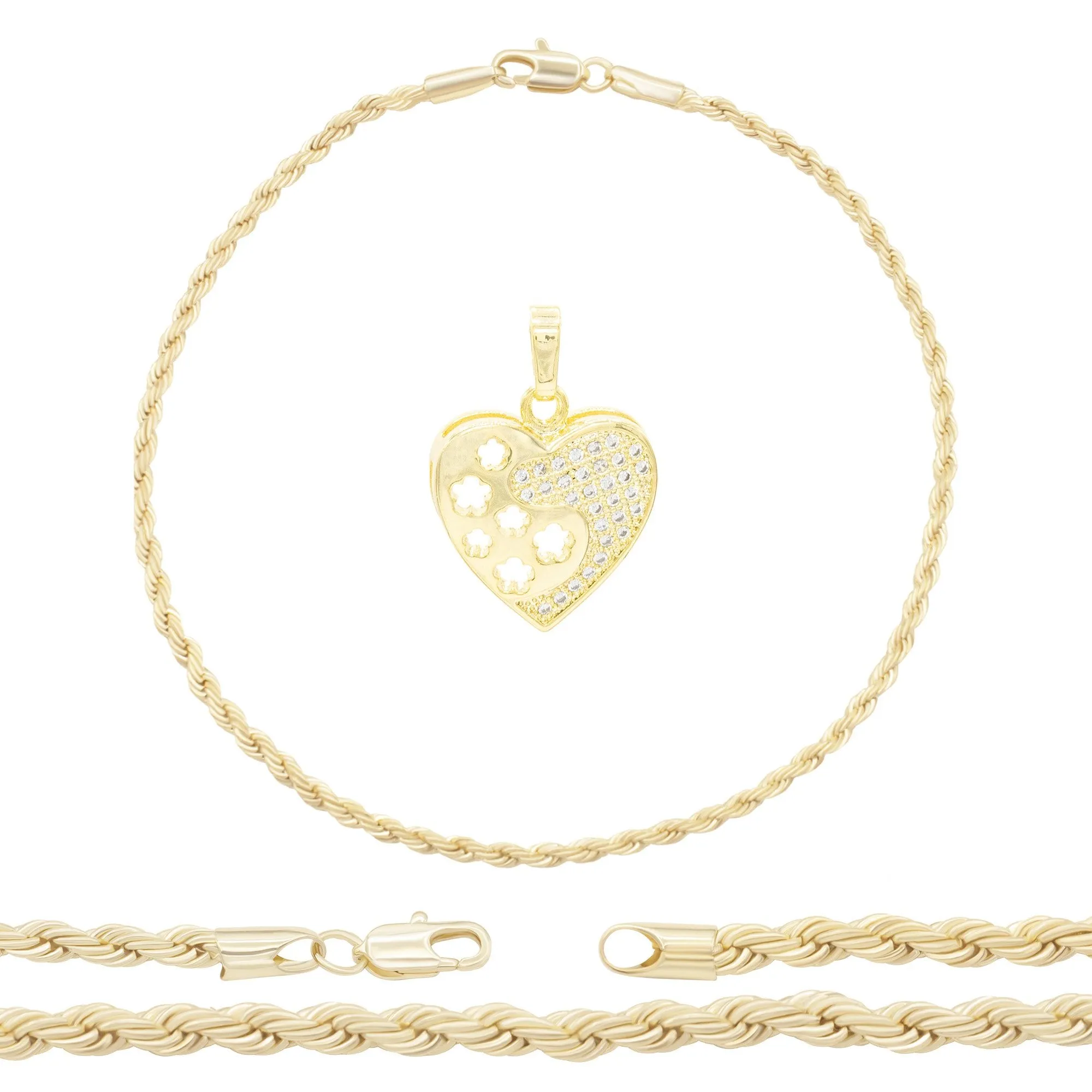 CZ Heart Charm 14K Gold Filled Rope Anklet 10" Chain Women Jewelry