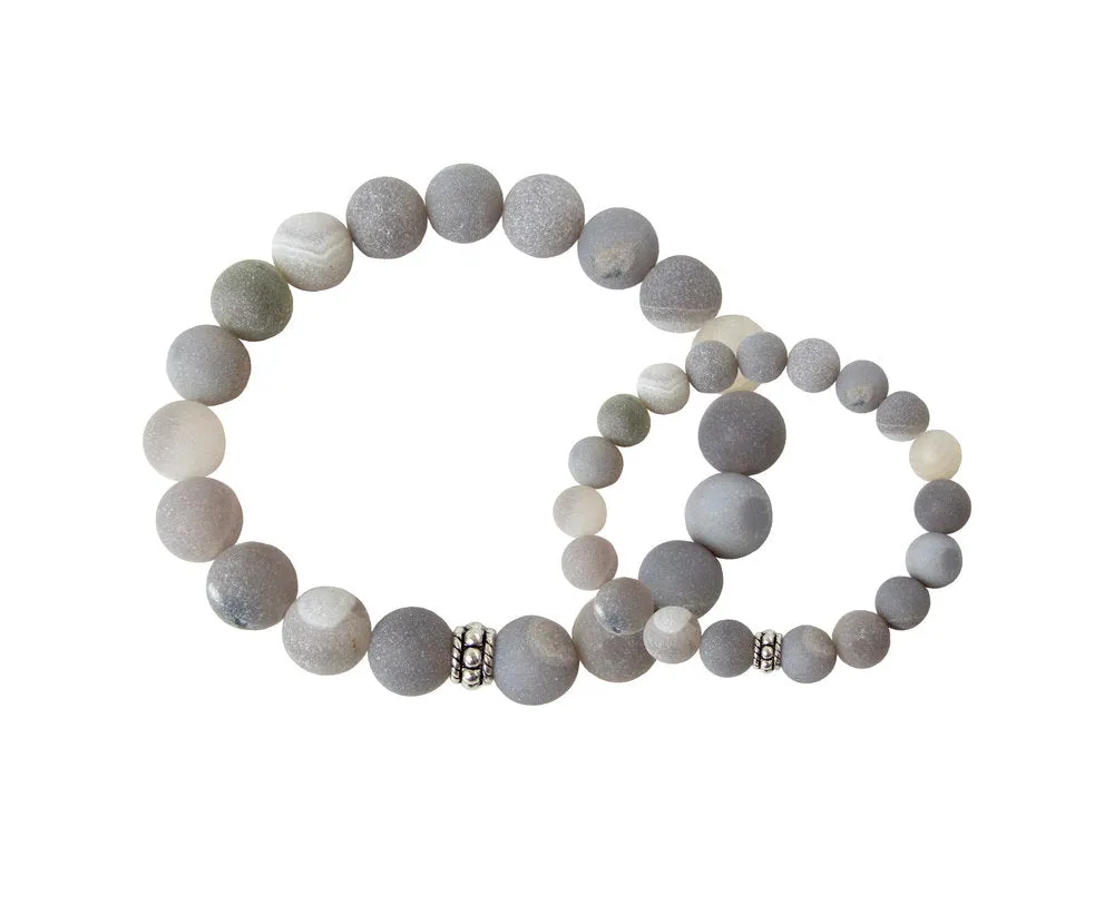 'Daddy & Me' Matte Gray Fire Agate Bracelet Set