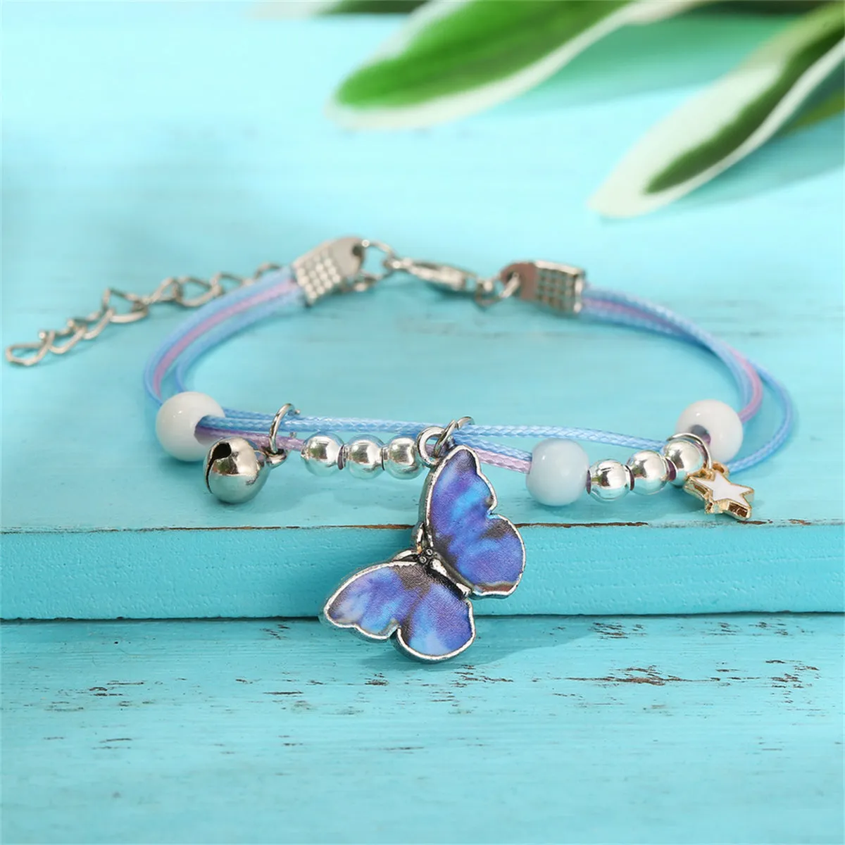 Dark Blue Enamel & Silver-Plated Butterfly Charm Bracelet