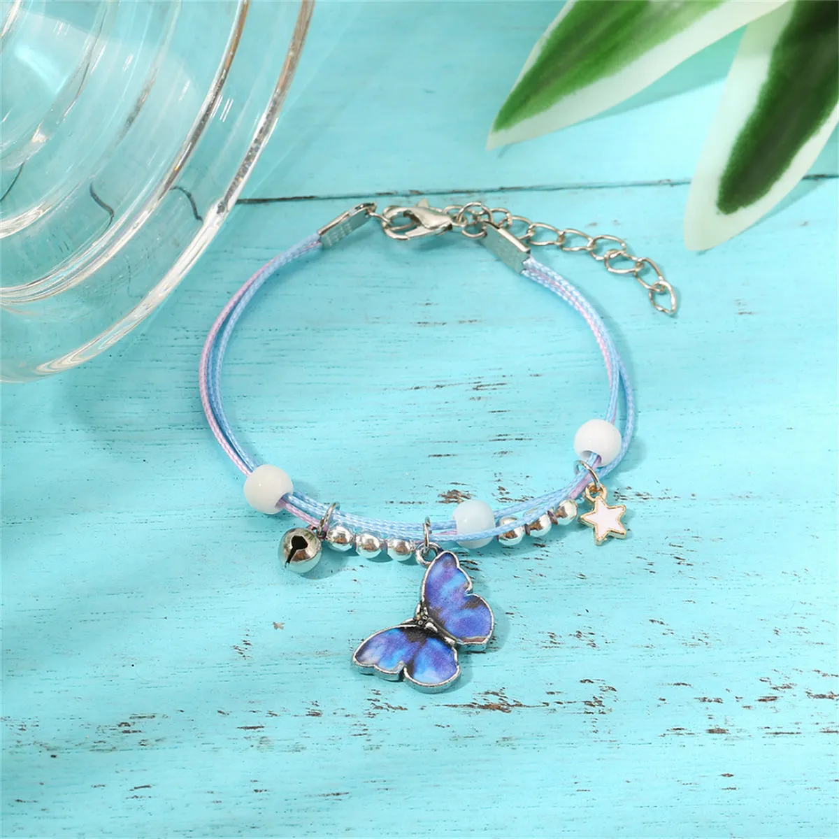 Dark Blue Enamel & Silver-Plated Butterfly Charm Bracelet