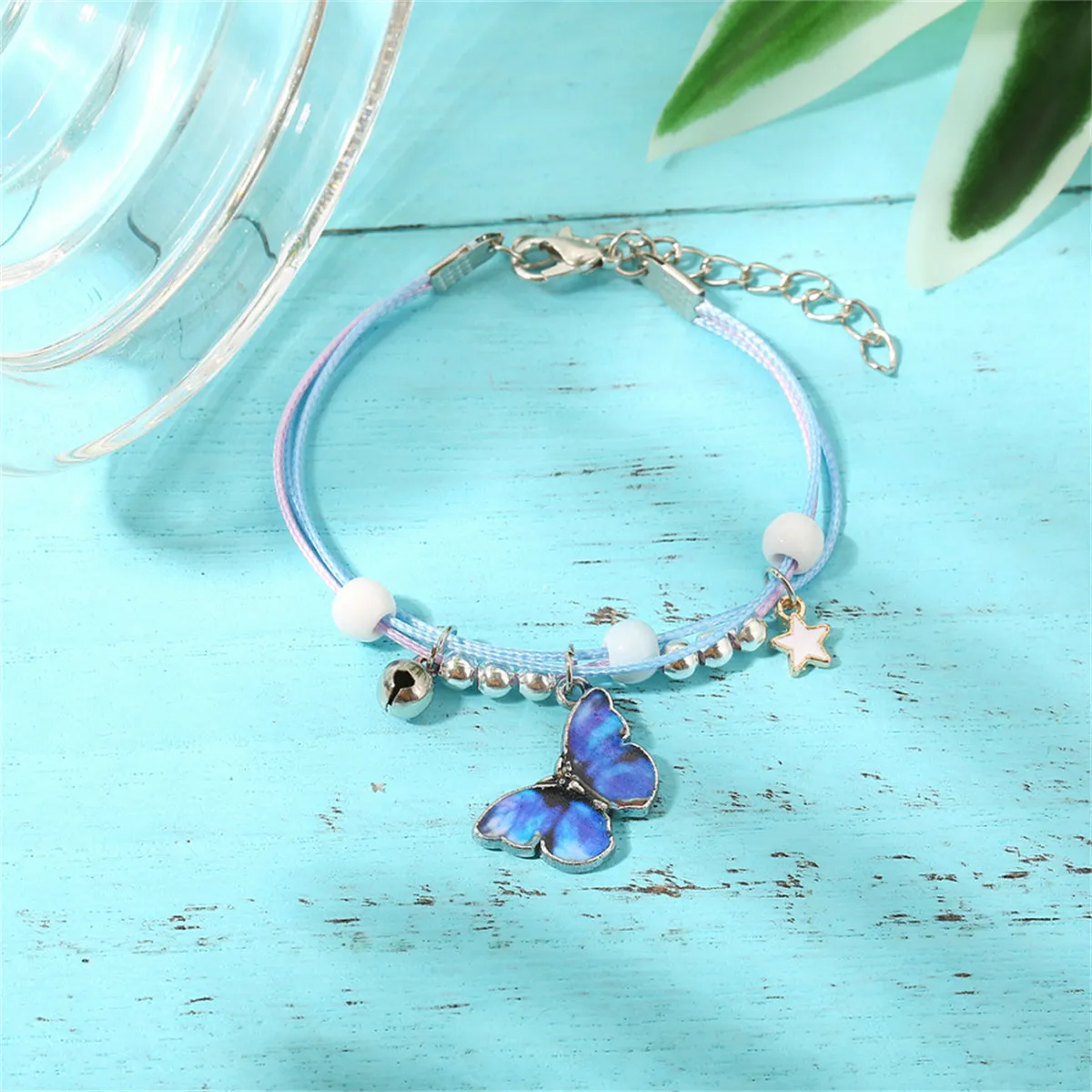 Dark Blue Enamel & Silver-Plated Butterfly Charm Bracelet