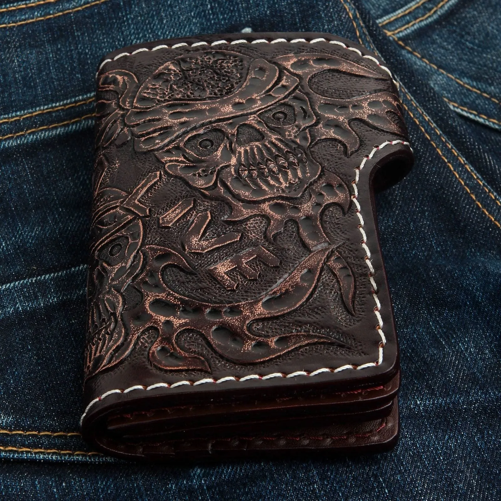 Dark Brown Ride To Live Genuine Leather Biker Wallet