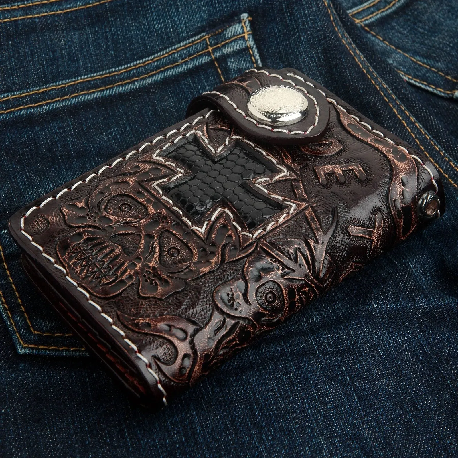 Dark Brown Ride To Live Genuine Leather Biker Wallet