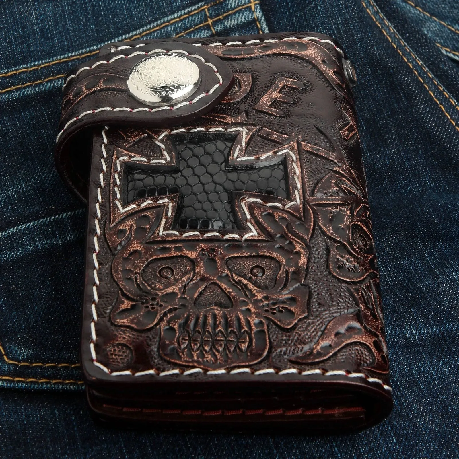 Dark Brown Ride To Live Genuine Leather Biker Wallet