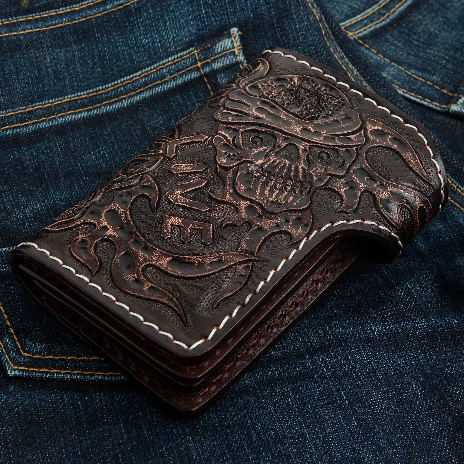 Dark Brown Ride To Live Genuine Leather Biker Wallet