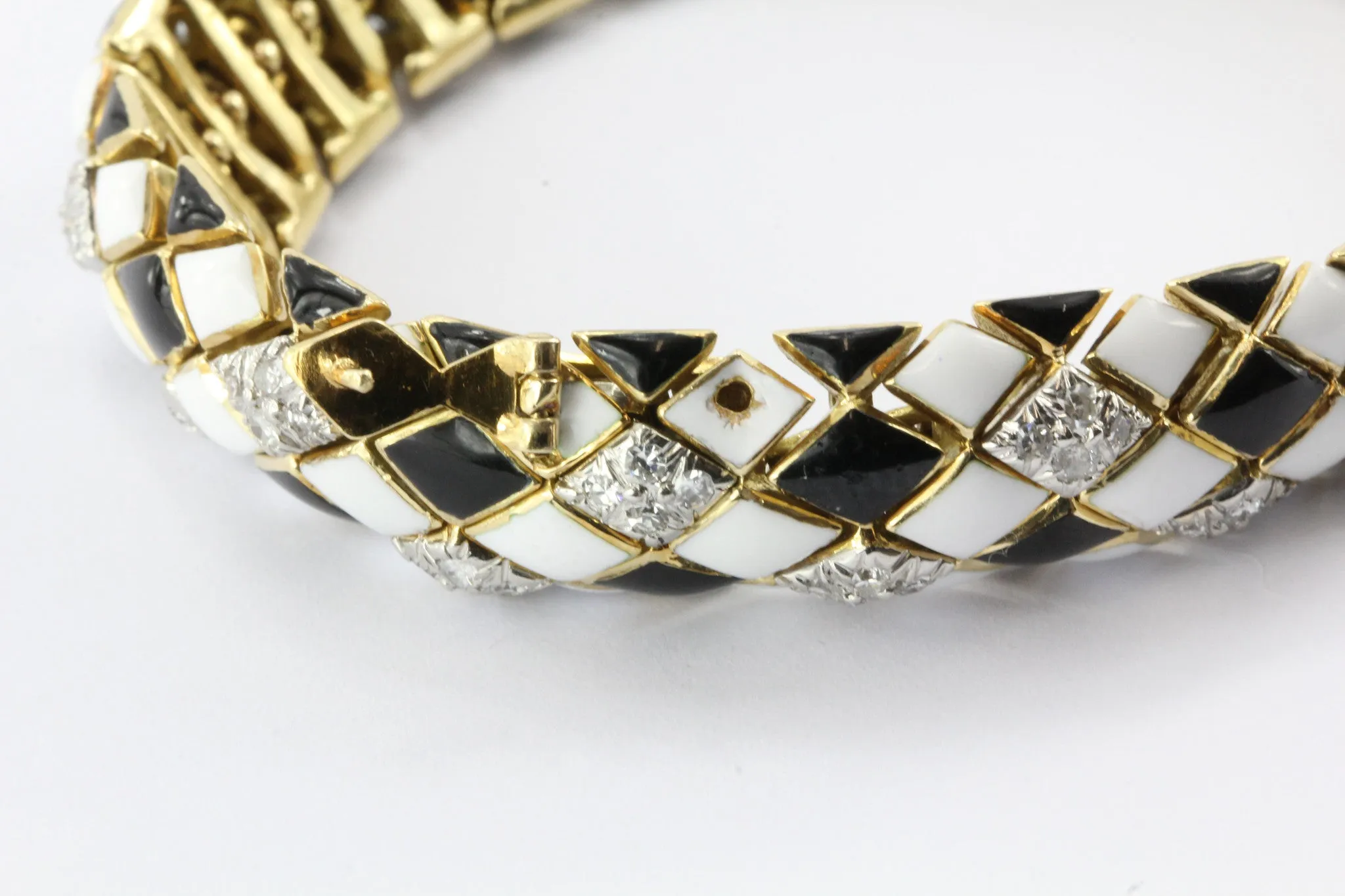 David Webb 18K Gold & Platinum Black & White Enamel & Diamond Flexible Bracelet