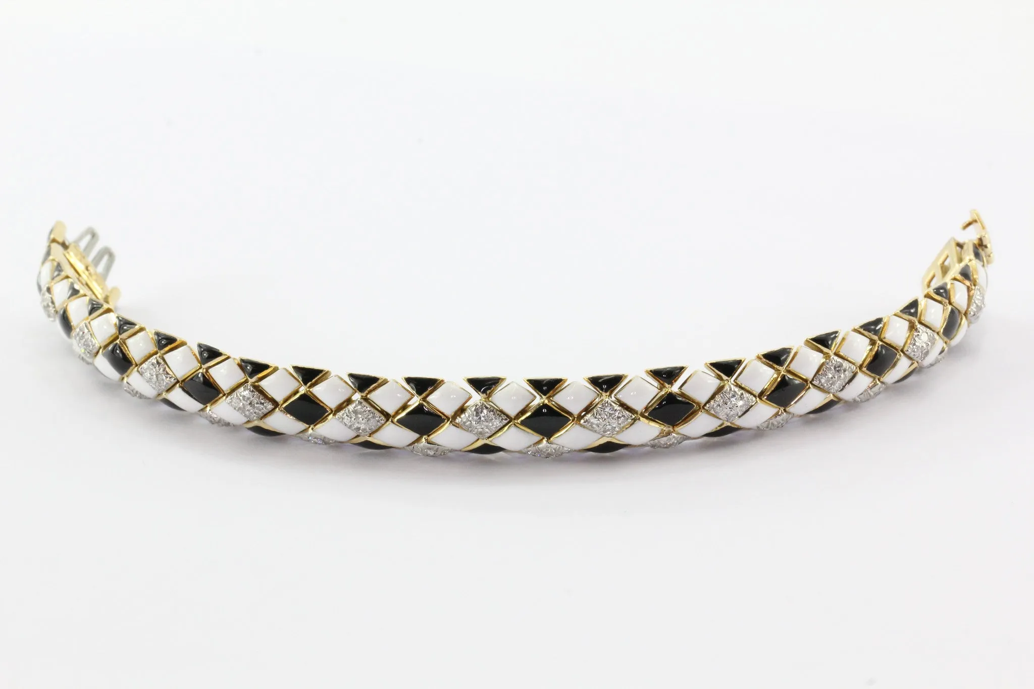 David Webb 18K Gold & Platinum Black & White Enamel & Diamond Flexible Bracelet