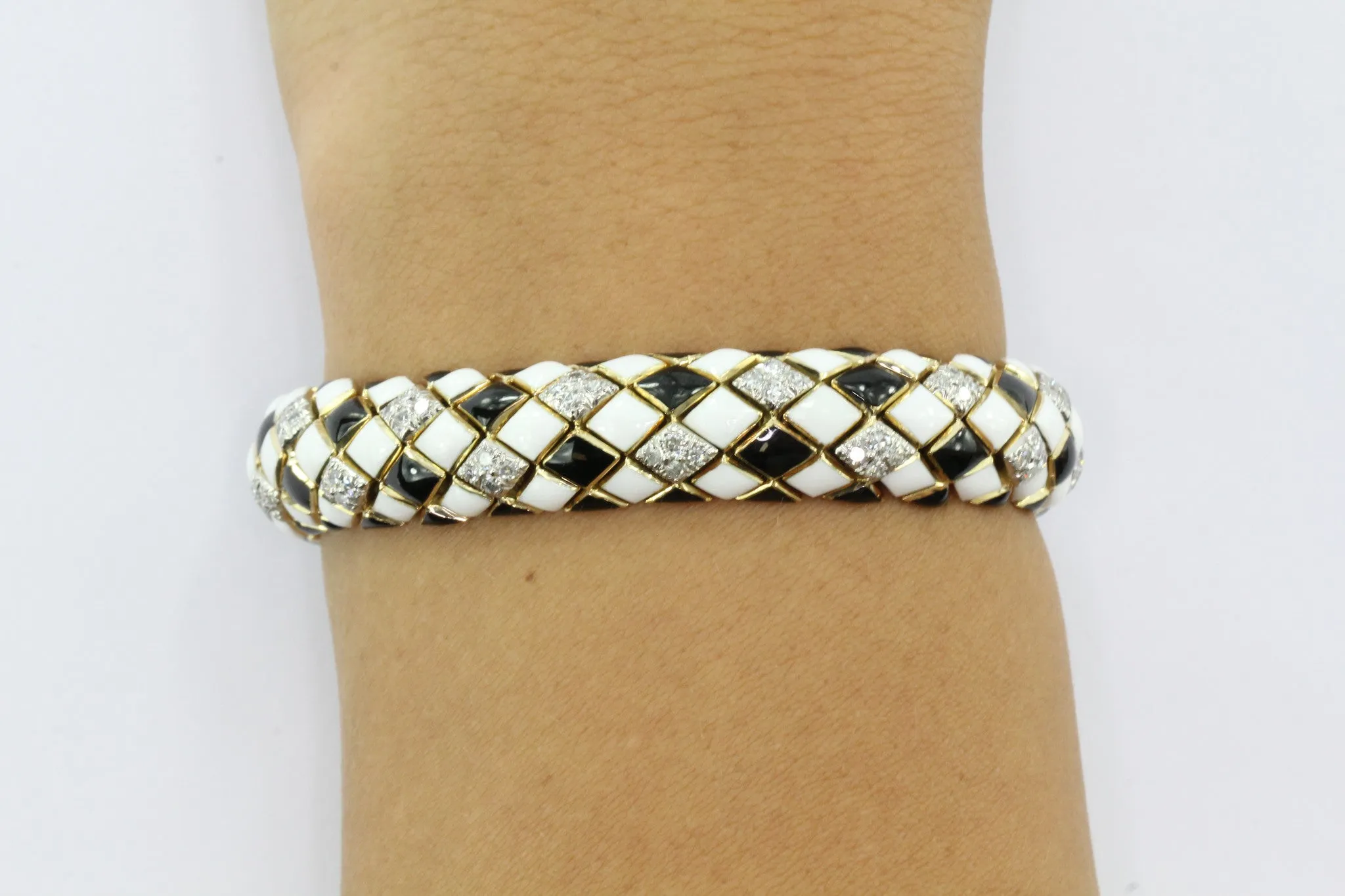 David Webb 18K Gold & Platinum Black & White Enamel & Diamond Flexible Bracelet