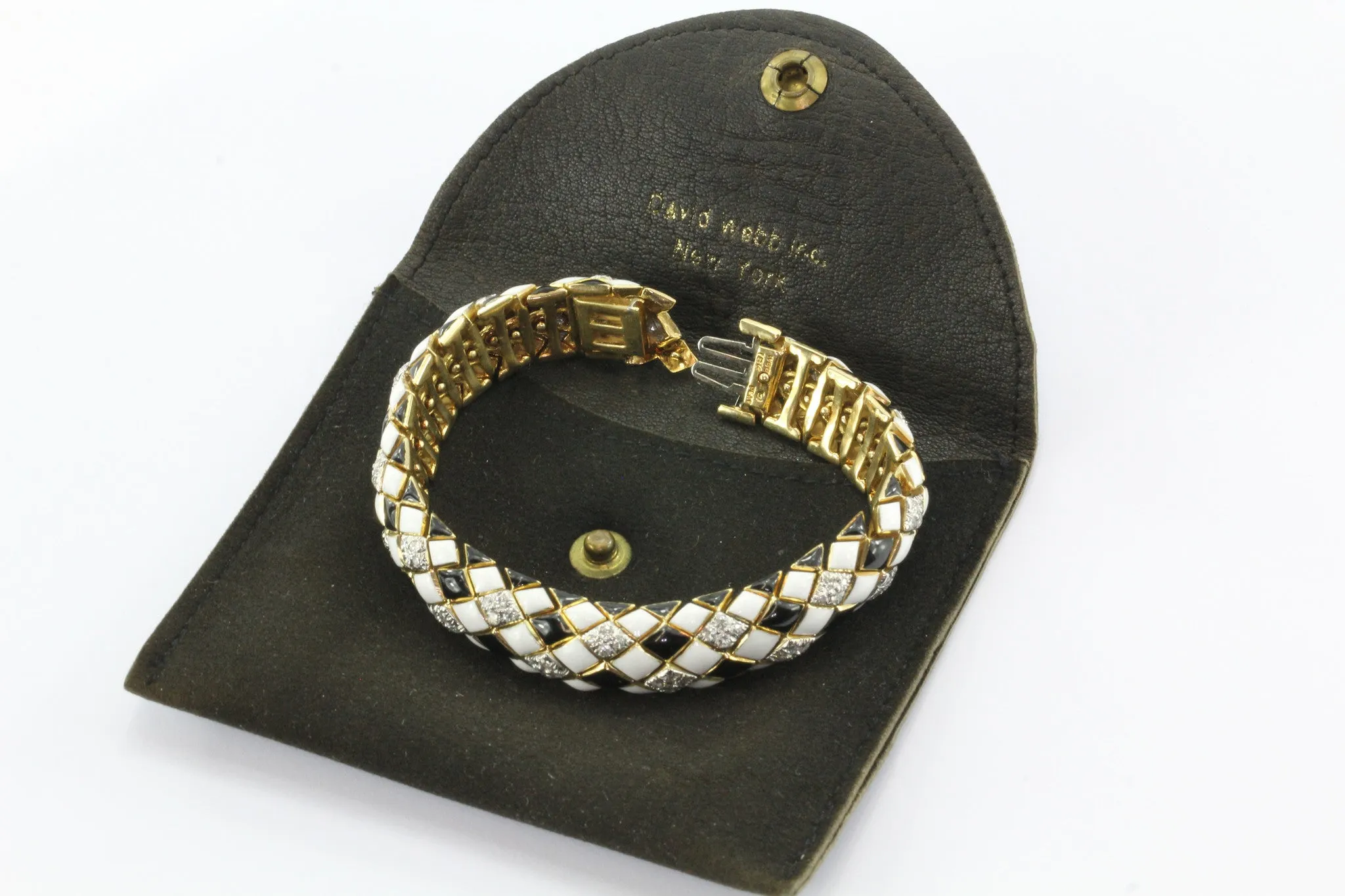 David Webb 18K Gold & Platinum Black & White Enamel & Diamond Flexible Bracelet