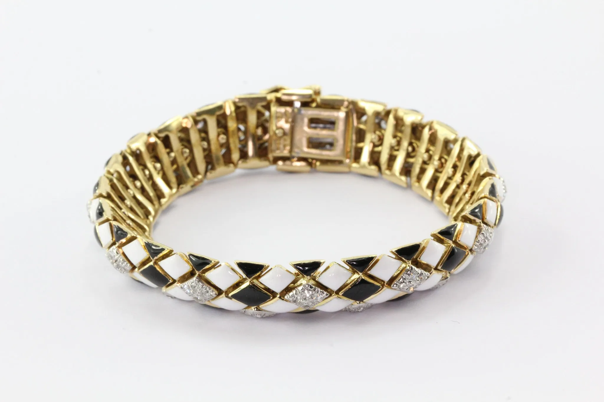 David Webb 18K Gold & Platinum Black & White Enamel & Diamond Flexible Bracelet